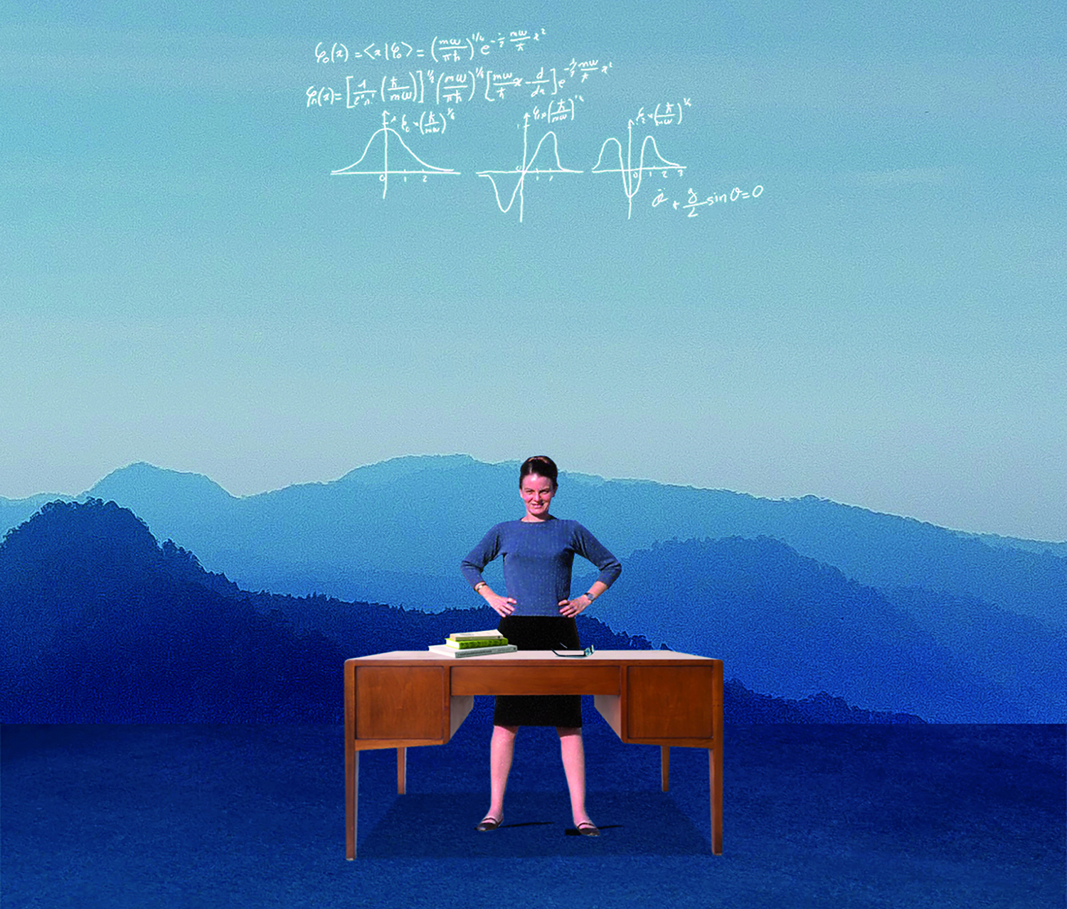 Illustration of a teacher outdoors standing behind a desk 