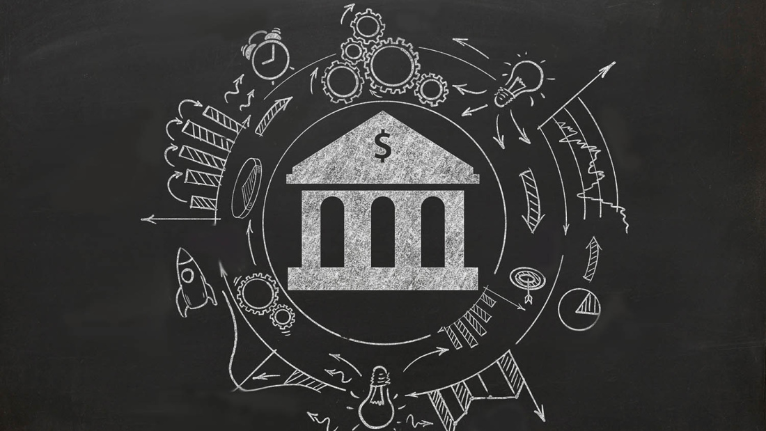 Chalk drawing of an institution with a money symbol
