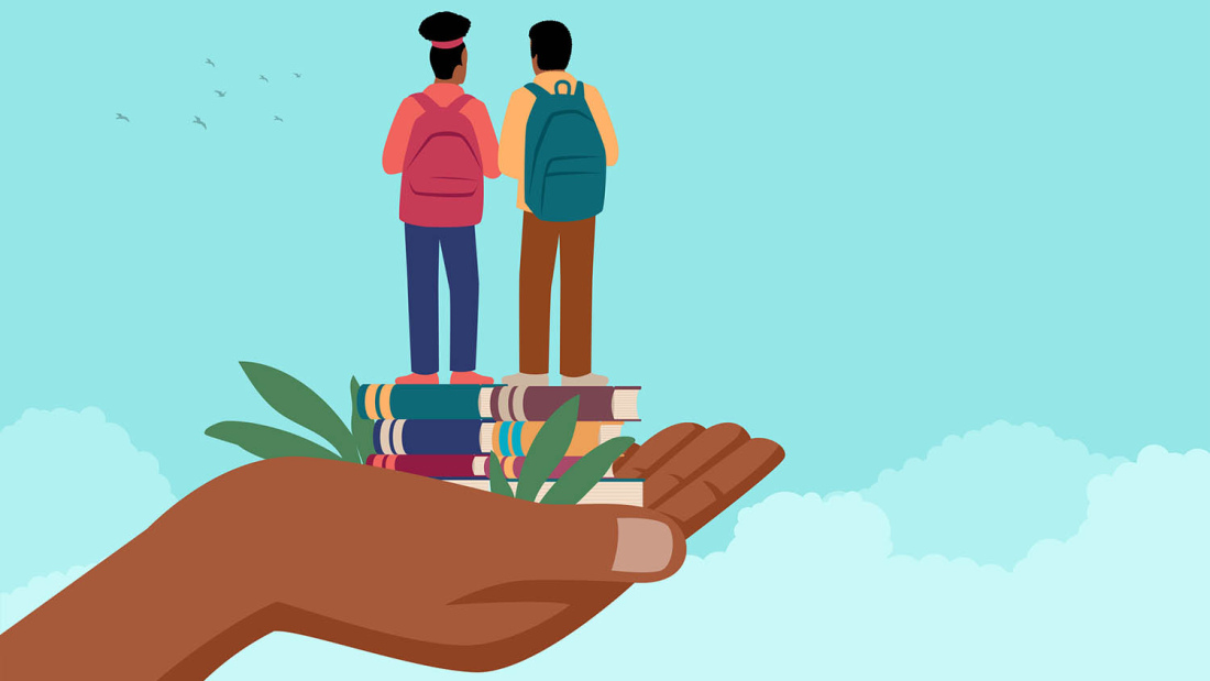 Children with backpacks on top of books