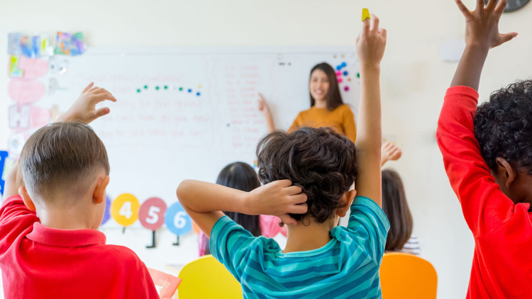 Hands raised in classroom