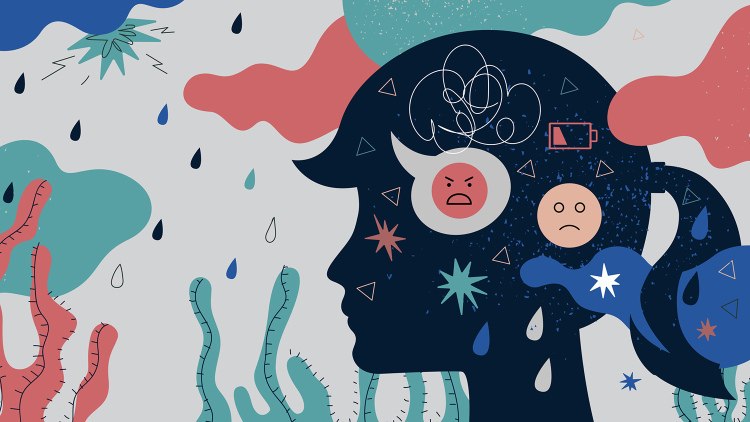 Illustration of a girl with thoughts displayed across her head.