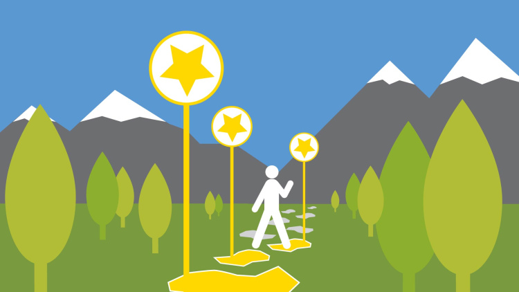 abstract illustration of hiker in mountain range